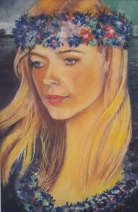 Künstlerin Elke Schady Portrait einer jungen Frau mit Blumenkranz
