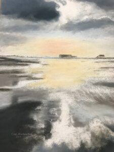 Sankt Peter Expressives Gemälde mit Stelzenrestaurants in Stankt Peter Ording in den Farben Orange und Grau