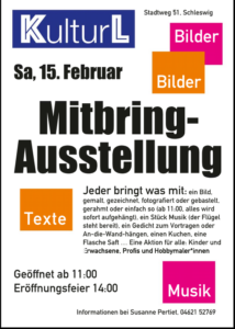 Buntes Einladungsplakat zur Mitbringausstellung mit Rechtecken in blau, orange und pink mit weißer Schrift.