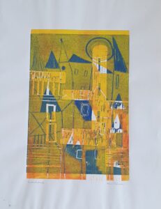 Holzschnitt einer Stadtansicht in den Farben gelb, weiß und blau mit etwas orange.