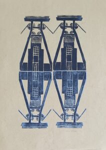 Holzschnitt zweier Kohlefördertürme in blau gespiegelt.