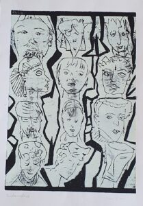 Holzschnitt von zwölf Portraits. Vier Gesichter in drei Spalten in den schwarz/weiß.