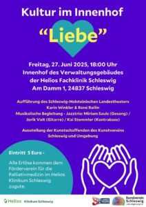 Ein königsblaues Plakat mit weißer und gelber Schrift, einem grünen Herz auf dem Liebe steht und zwei Hände, die ein Herz halten.