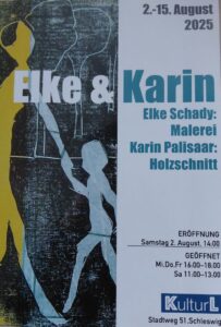 Plakat zeigt einen Holzschnitt mit einer Frau, die ein Kind an der Hand hält, in den Farben gelb, schwarz und blau.