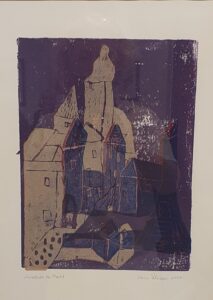 Ein Zustandsdruck eine Dorfansicht zeigend in den Farben violett, blau und beige.