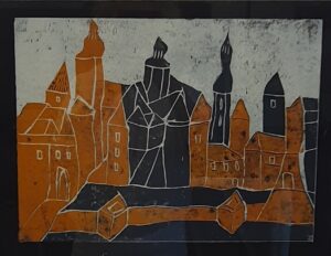 Ein Zustandsdruck eine Stadtansicht zeigend in den Farben ockerorange und schwarz von Karin Palisaar.