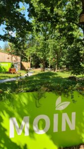 Arten Eden 2025 (27) Foto: M. Roos Der Blick auf das "greenHaus" im Artenschutzzentrum Arten Eden Eggebek. Im Vordergrund ein Hochbeet mit dem Schriftzug MOIN.