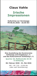 Flyer zur Ausstellung Irische Impressionen von Claus Vahle mit schwarzer und grüner Schrift und ein Landschaftsbild. Unten ist ein Streifen des logos des Kunstvereins zu sehen,