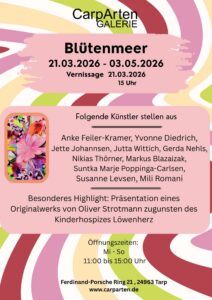 Sie sehen ein buntes Plakat in den Farben rosé, gelb, maigrün und rot mit schwarzer Schrift. Titel: Blütenmeer.