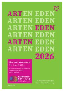Sie sehen ein Plakat in maigrün mit pinkfarbenen Akzenten des Arten Eden für das Jahr 2026.