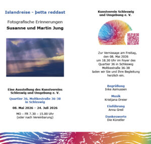 Bunter Flyer für die Bekanntmachung der Ausstellung mit dem zentralen Foto der Ausstellung.